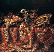 Jacques Hupin A still life of peaches, grapes and pomegranates in a pewter bowl, an ornate ormolu plate and ewers, all resting on a table draped with a carpet oil painting on canvas
